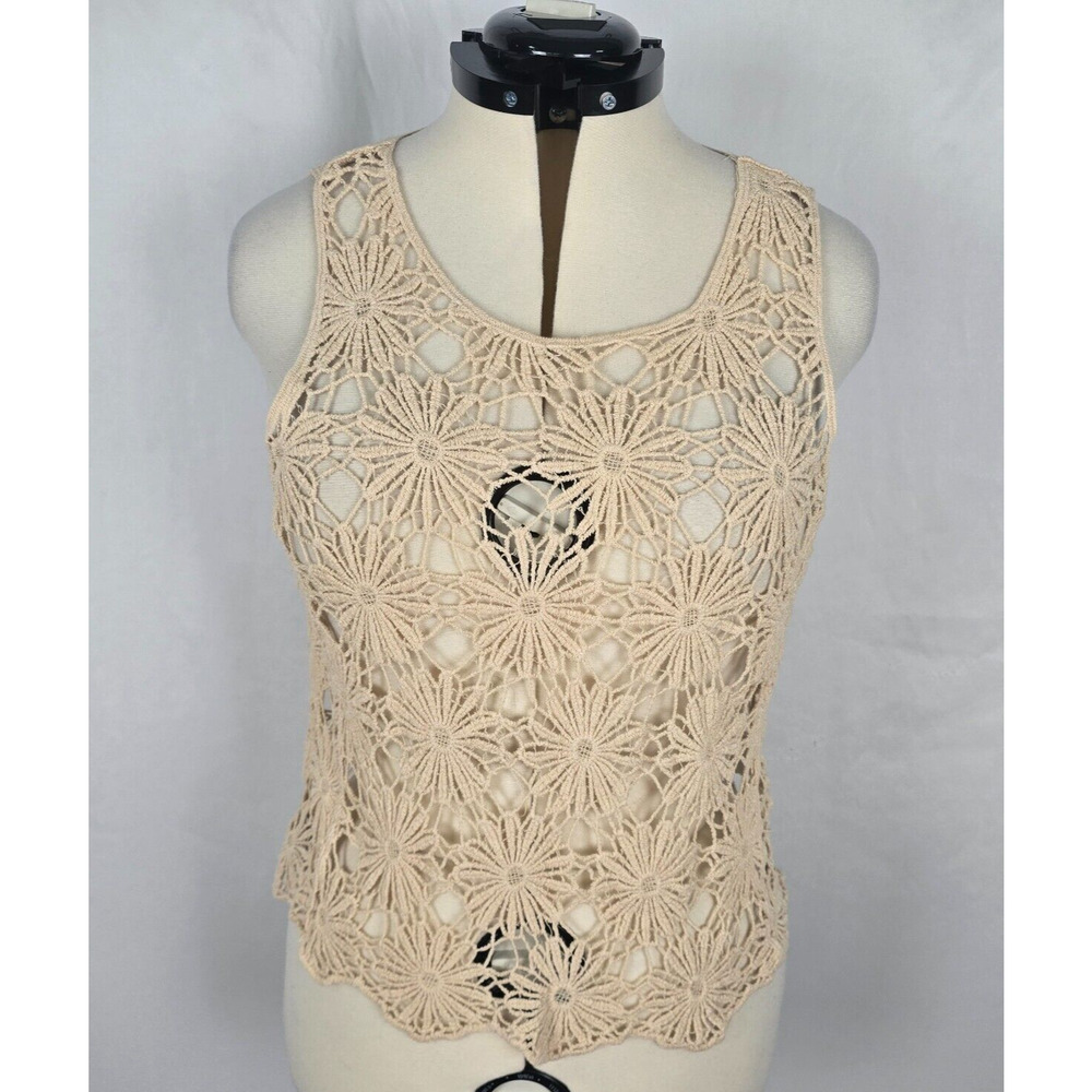 J.J. Basics Y2K Crochet Tank Top Women's L Cream Wide Straps Knit Button Back